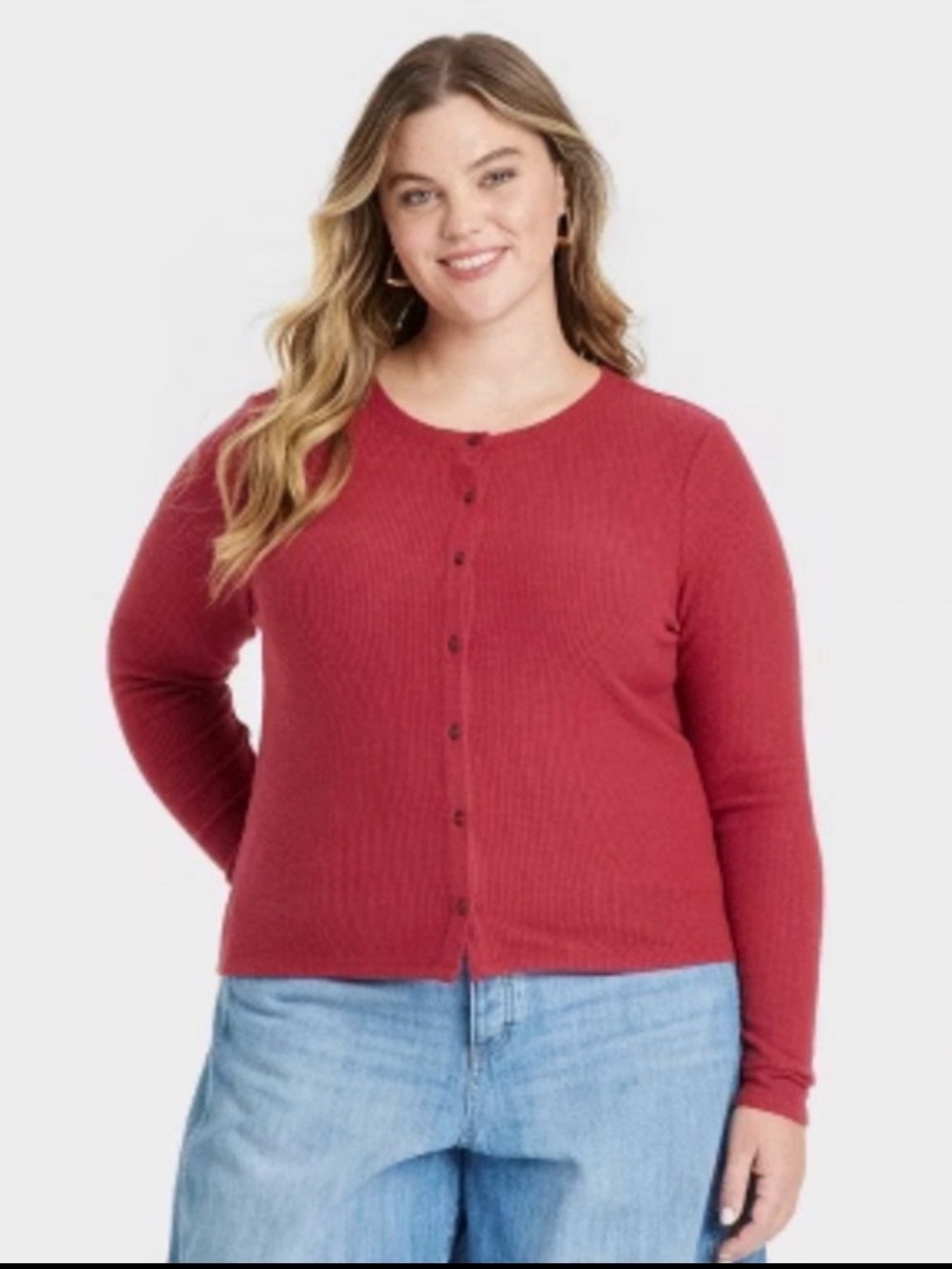 Jessica London Rose-Red Ribbed Button-Up Crew Cardigan